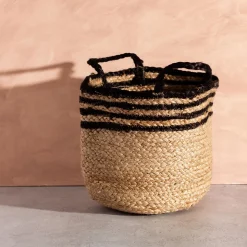 Black Stripe Jute Storage Basket