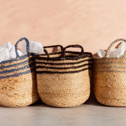 Black Stripe Jute Storage Basket