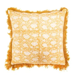 Block Print Fringed Cushion Cover Mustard