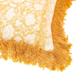 Block Print Fringed Cushion Cover Mustard