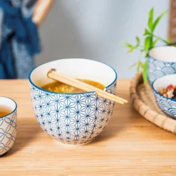 Sashiko Pattern Noodle Bowl with Chopsticks